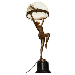 French Art Deco Bronze Dancer Figural Lamp with Alabaster Shade, circa 1930