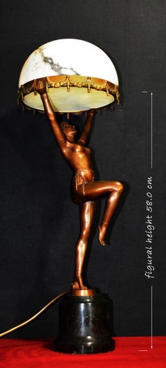 French Art Deco Bronze Dancer Figural Lamp with Alabaster Shade, circa 1930