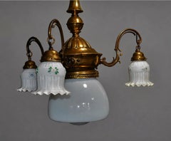 Edwardian Arts & Crafts Brass Three-Arm Chandelier with Opaline Glass Shades