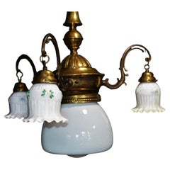Edwardian Arts & Crafts Brass Three-Arm Chandelier with Opaline Glass Shades