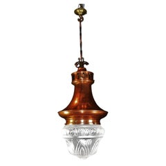 Large Edwardian Arts & Crafts Copper & Opaline Glass Pendant Light, England