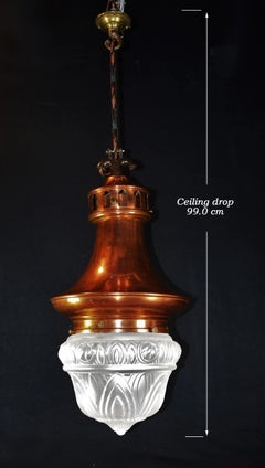 Large Edwardian Arts & Crafts Copper & Opaline Glass Pendant Light, England