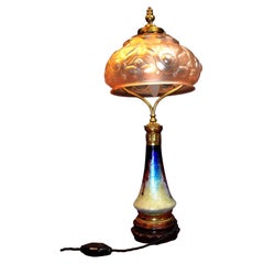French Art Deco Brass Table Lamp with Iridescent Mushroom Glass Shade