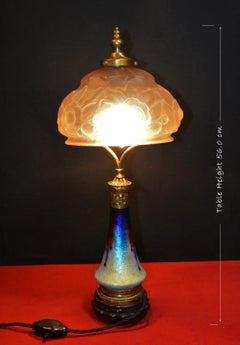 French Art Deco Brass Table Lamp with Iridescent Mushroom Glass Shade