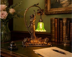Louis Cahuzac French Art Nouveau Figural Bronze Desk Lamp & Inkstand, 1920