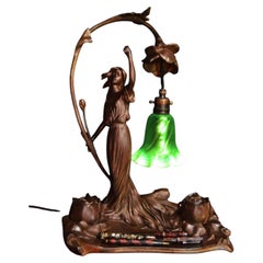 Louis Cahuzac French Art Nouveau Figural Bronze Desk Lamp & Inkstand, 1920