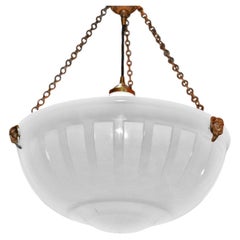 1930s British Art Deco Bronze & Moonstone Glass Rams Head Chandelier