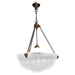 1930s British Art Deco Bronze & Moonstone Glass Rams Head Chandelier