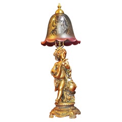 Edwardian Gilt Brass Cherub Musician Lamp with Cranberry Glass, c.1910