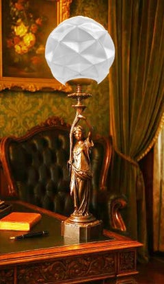 19th Century French Bronze Figural Lady Lamp with Opaline Globe, ca. 1865
