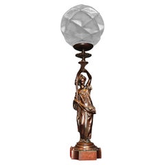 19th Century French Bronze Figural Lady Lamp with Opaline Globe, ca. 1865