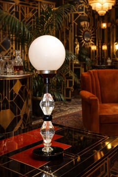 1940s Art Deco Faceted Glass Column Table Lamp with Opaline Shade