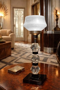 1940s Art Deco Faceted Glass Column Table Lamp with Opaline Shade