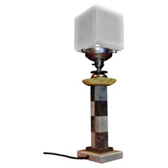 1940s Art Deco Marble Table Lamp with Cubist Opaline Glass Shade