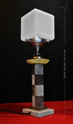 1940s Art Deco Marble Table Lamp with Cubist Opaline Glass Shade