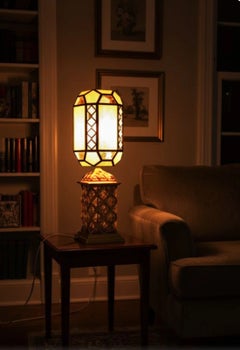 Mid Century ca. 1950 Solid Brass Table Lamp with Stained Glass Shade