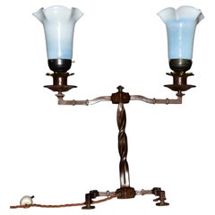Edwardian Bronze Twin-Arm Table Lamp with Opaline Glass Shades, c.1910