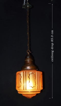 Antique Art Nouveau Flame Glass & Bronze Pendant Light, circa 1910