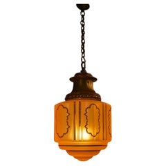 Antique Art Nouveau Flame Glass & Bronze Pendant Light, circa 1910