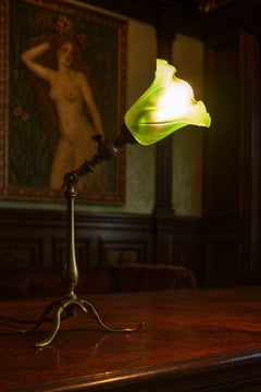 W.A.S. Benson Arts & Crafts Brass Vaseline Glass Table Lamp c.1908