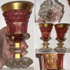 Pair of Bohemian Moser Ruby Cut-to-Clear Gilt Glass Goblets, circa 1840