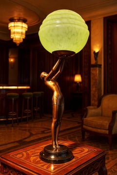 1930s French Art Deco Gilt Figural Dancer Table Lamp with Glass Globe