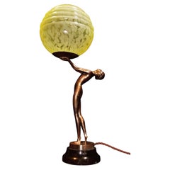 1930s French Art Deco Gilt Figural Dancer Table Lamp with Glass Globe