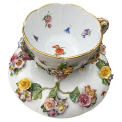 Meissen Porcelain Encrusted Floral Footed Cup and Saucer, circa 1825