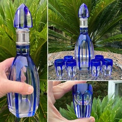 Baccarat Cobalt Cut-to-Clear Crystal & 950 Silver Liqueur Set, circa 1910