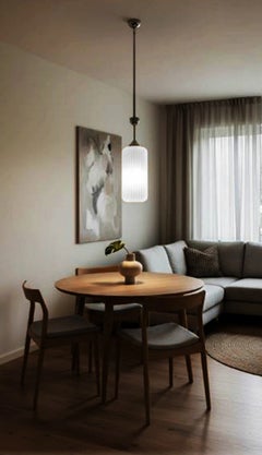 1930s Art Deco Bauhaus Ribbed Opaline Glass & Chrome Pendant Light