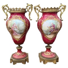 Pair French Sèvres-Style Porcelain & Gilt Bronze Romantic Vases, circa 1880