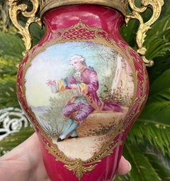 Pair French Sèvres-Style Porcelain & Gilt Bronze Romantic Vases, circa 1880