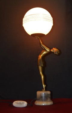 French Art Deco Figural Dancer Table Lamp with Glass Globe, circa 1930