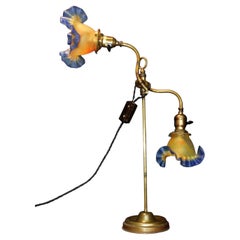 French Brass Twin-Arm Student Lamp with Vianne Glass Shades, circa 1890