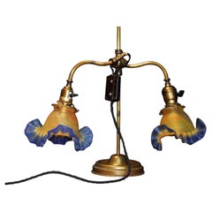 French Brass Twin-Arm Student Lamp with Vianne Glass Shades, circa 1890