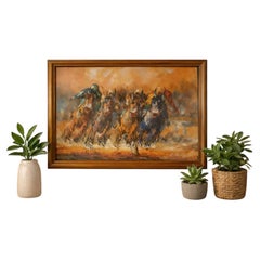 Mid Century Signed Equestrian Horse Racing Oil Painting