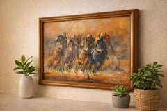 Mid Century Signed Equestrian Horse Racing Oil Painting