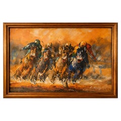 Mid Century Signed Equestrian Horse Racing Oil Painting