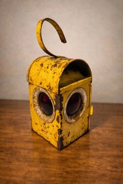 Vintage Yellow Industrial Bullseye Signal Lantern with Red Glass Lenses
