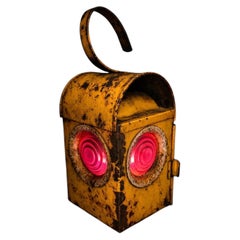 Vintage Yellow Industrial Bullseye Signal Lantern with Red Glass Lenses