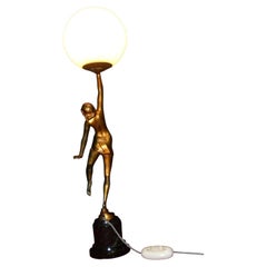 French Art Deco Bronze Figural Dancer & Glass Globe Table Lamp, 1930s