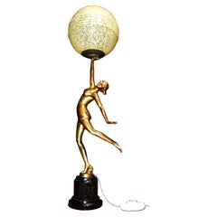 French Art Deco Bronze Figural Dancer & Glass Globe Table Lamp, 1930s