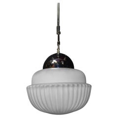 French Art Deco Chrome & Ribbed Opaline Glass Pendant Light, 1940s