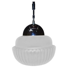 French Art Deco Chrome & Ribbed Opaline Glass Pendant Light, 1940s