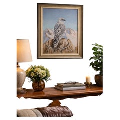 1993 Signed Snowy Falcon Wildlife Oil Painting, Framed