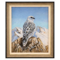 1993 Signed Snowy Falcon Wildlife Oil Painting, Framed