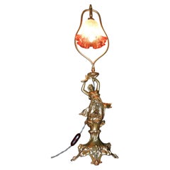 British Gilt Metal Figural Lady Table Lamp with Cranberry Glass, 1940s