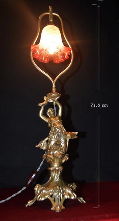 British Gilt Metal Figural Lady Table Lamp with Cranberry Glass, 1940s