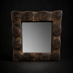 Vintage Hand-Carved Spiral Motif Wood Wall Mirror, Mid 20th Century