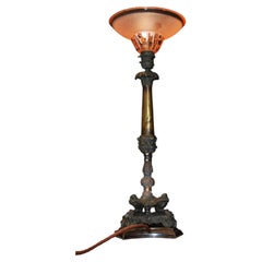 Victorian Bronze Table Lamp with Pink Empire Glass Shade, circa 1890